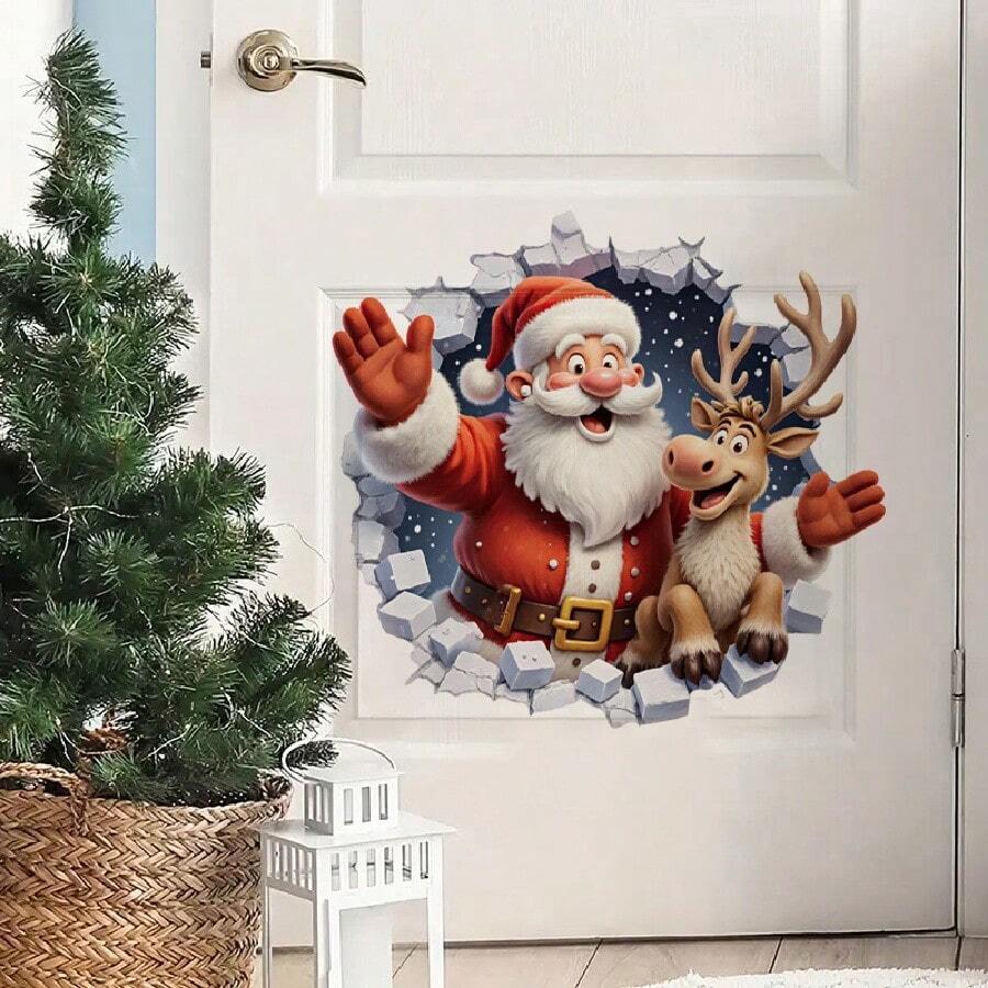 1 قطعة ملصق حائط لزينة عيد الميلاد - ديكور تأثير جدار مكسور بصورة سانتا كلوز والرنة، ملصق حائط لاصق ذاتي من البي في سي، تصميم مكسور، مناسب لغرفة المعيشة والنوم والمدخل، ديكور منزلي لعيد الميلاد، لوازم حفلات، زينة عيد الميلاد، ديكور شجرة عيد الميلاد، هدايا عيد الميلاد، ديكور ، ديكور زفاف، ديكور منزلي، ديكور الخريف، ديكور عيد الميلاد، ديكور عيد الهالوين، ديكور الحائط، زينة عيد الهالوين