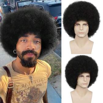 Peluca afro corta con flequillo para peluca afro rizada y ensortijada, peluca afro grande premium sintética de años 70