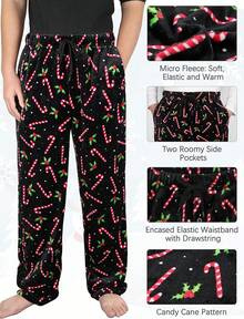 Mens Plush Pajama Pants Soft Flannel Fleece Pajama Lounge Sleep Pant Christmas Plaid Fuzzy Lounge Sleepwear Pj Bottomshalloween - 黑色拐杖糖 - 查看 4