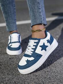 新款女士休闲运动鞋大码36-45牛仔透气运动鞋休闲明星鞋春夏新款小白鞋时尚百搭休闲鞋轻便透气女鞋返校学生鞋 - 藏蓝色 - 查看 2