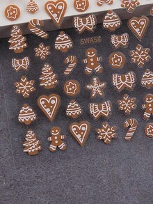 2 件新年和圣诞节 3D 指甲贴纸可爱姜饼人雪花圣诞树拐杖糖心形蝴蝶结形状指甲贴花美甲自粘滑块美甲用品 - 彩色 - 查看 7