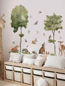 Cartoon Fox, Hedgehog, Pine Tree Wall Decals, Decorative Wall Stickers For Kids Room, Nursery, PVC Removable Wall Arts, Posters, Animals