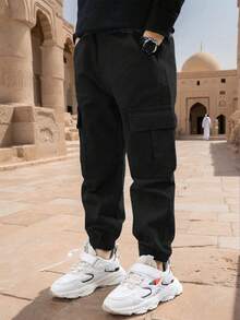 3 件套青少年男童休闲户外运动时尚多口袋抽绳工装裤，适合春、夏、秋、冬