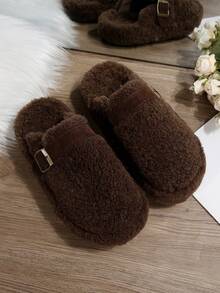 女式冬季毛绒内衬圆头一脚蹬休闲平底鞋，时尚百搭舒适软底乐福鞋 - 咖啡棕 - 查看 3