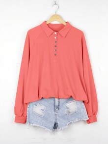 Plus Size Women's Solid Color Button Lantern Sleeve T-Shirt - Red - View 5