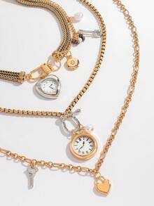 3pcs Set Wrist Watch Pendant Necklace, Double Layer Metal Chain Necklace With Contrast Color Pendant Charm, Suitable For Casual Wear And Gift, Multifunctional Accessory For All Seasons - Multicolor - View 10