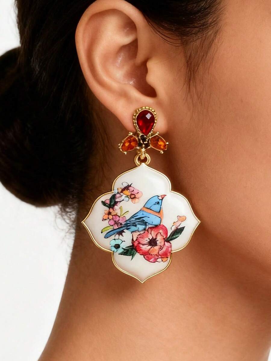 1 Đôi Hoa tai họa tiết chim xanh và hoa, phong cách cổ điển, hợp kim đồng vàng và đá trang trí - Hoàn hảo cho trang phục hàng ngày, các buổi tụ họp và sự kiện trang trọng, món quà hoàn hảo cho phụ nữ - Nhiều màu - Xem 1