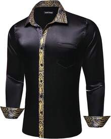 Mens Satin Silk Shirts Long Sleeve Designer Dress Shirt Shiny Untucked Casual Button Down Shirt Party Disco Formalhalloween - 緞面黑色和金色 - 查看 2