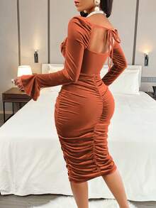 Amarilo Women's Sexy Solid Color Velvet Sweetheart Neckline Backless Side Ruched Wrap Bodycon Dress