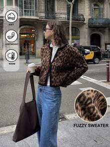 PLUS Suéter cardigan feminino casual e confortável com estampa de leopardo, manga comprida e abotoamento simples, outono e inverno, Y2K, adequado para uso diário, casa, escritório, festas, festivais, compras, Halloween, Natal, Ação de Graças, feriados, roupas femininas de outono/roupas de outono/roupas de inverno femininas/volta às aulas/toque como lã