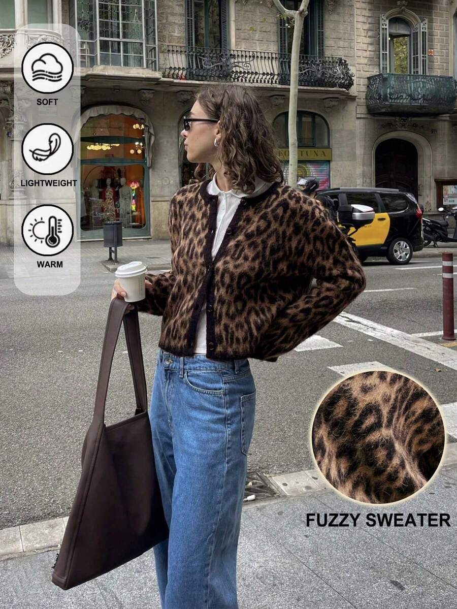 PLUS Suéter cardigan feminino casual e confortável com estampa de leopardo, manga comprida e abotoamento simples, outono e inverno, Y2K, adequado para uso diário, casa, escritório, festas, festivais, compras, Halloween, Natal, Ação de Graças, feriados, roupas femininas de outono/roupas de outono/roupas de inverno femininas/volta às aulas/toque como lã