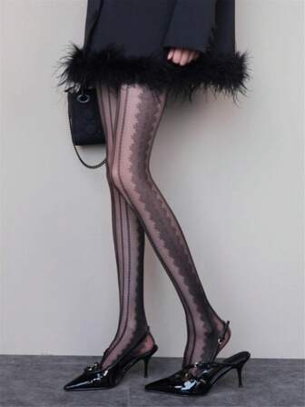 1pc Black Vertical Striped Lace Jacquard Pantyhose, Women's Slim Fit Sheer Tights, Comfortable Leggings