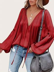 Elegant Women's Shirt, Loose V-Neck Faux Silk Satin Shirt, Balloon Sleeves And Ruched - Rojo - Ver 14