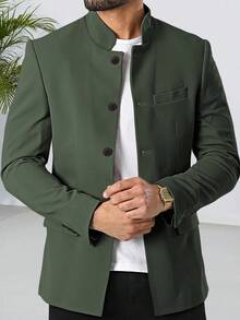 Mens Casual Suit Blazer Jackets Stand Mandarin Collar Lightweight Lined Business Dress Sport Coats - 深綠色 - 查看 1