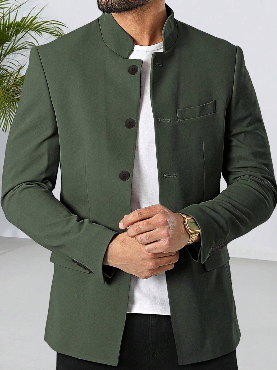 Mens Casual Suit Blazer Jackets Stand Mandarin Collar Lightweight Lined Business Dress Sport Coats - 深綠色 - 查看 1