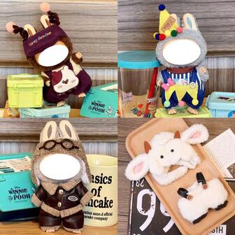 Conjunto de disfraz de aviador de cuero de 17 CM para fiesta feliz, figurilla esmaltada de 1ra, 2da y 3ra generación, muñeco de peluche para LABUBU, oso y oveja lindos (muñeca no incluida)