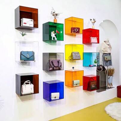 Colorful Square Wall Mounted Display Box, Transparent Acrylic Wall Storage Rack, Home Decor Shelves, No Drilling Required, Small Item Storage Rack, Blue, Orange, Transparent, Black Home Decor Wall Shelves