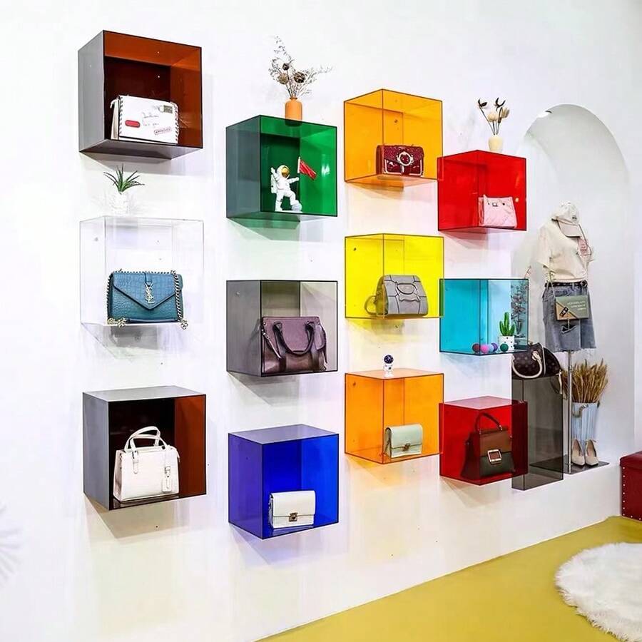 彩色方形壁挂展示盒，透明亚克力壁挂收纳架，家居装饰架，无需钻孔，小物件收纳架，蓝色、橙色、透明、黑色家居装饰壁挂架