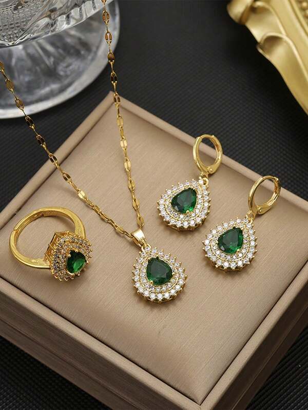 4pcs Fashionable & Elegant Jewelry Set: 1pc Stainless Steel Cubic Zirconia Necklace, 1 Pair Stainless Steel Cubic Zirconia Earrings, 1pc Cubic Zirconia Ring, Gold & Silver Jewelry