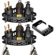 Paquete de 3 Estanteria Ducha para Bao, Estante Bao Sin Taladro, Rinconera Organizador para Bao, Estantera de Esquina para Bao, con 4 Ganchos y Soportes de Jabn, para Bao, Cocina, Hotel etc - Compañero negro - Ver 2