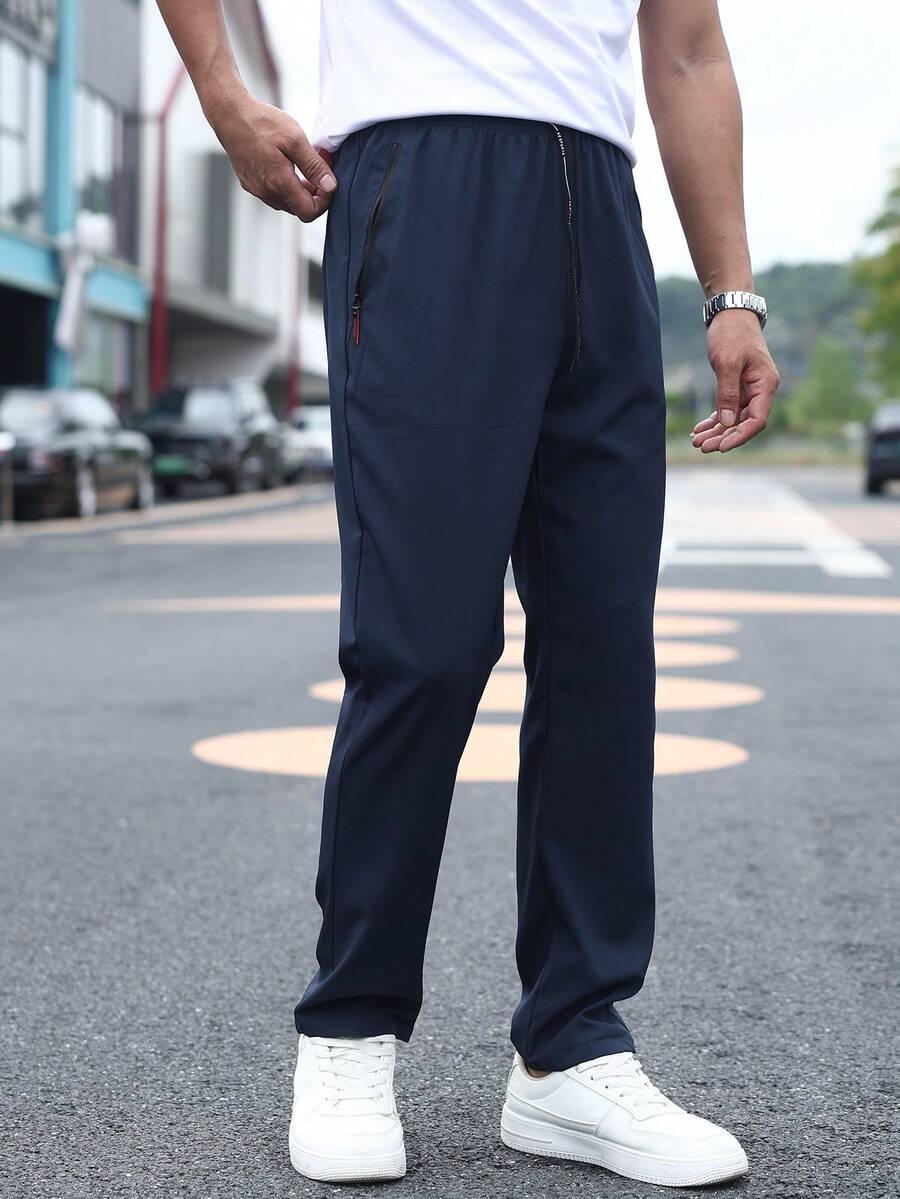 男士运动裤速干裤新款梭织运动直筒速干透气裤运动训练裤带拉链口袋跑步裤 - 藏蓝色 - 查看 1