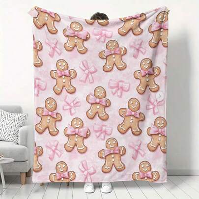 GEL HUT MUN 1件圣诞粉色蝴蝶结卡通图案沙发毯，毛绒毯，适用于卧室、冬季、圣诞节、房间装饰、圣诞礼物、家居装饰、床上用品，可送给男友、女友、姐妹、母亲