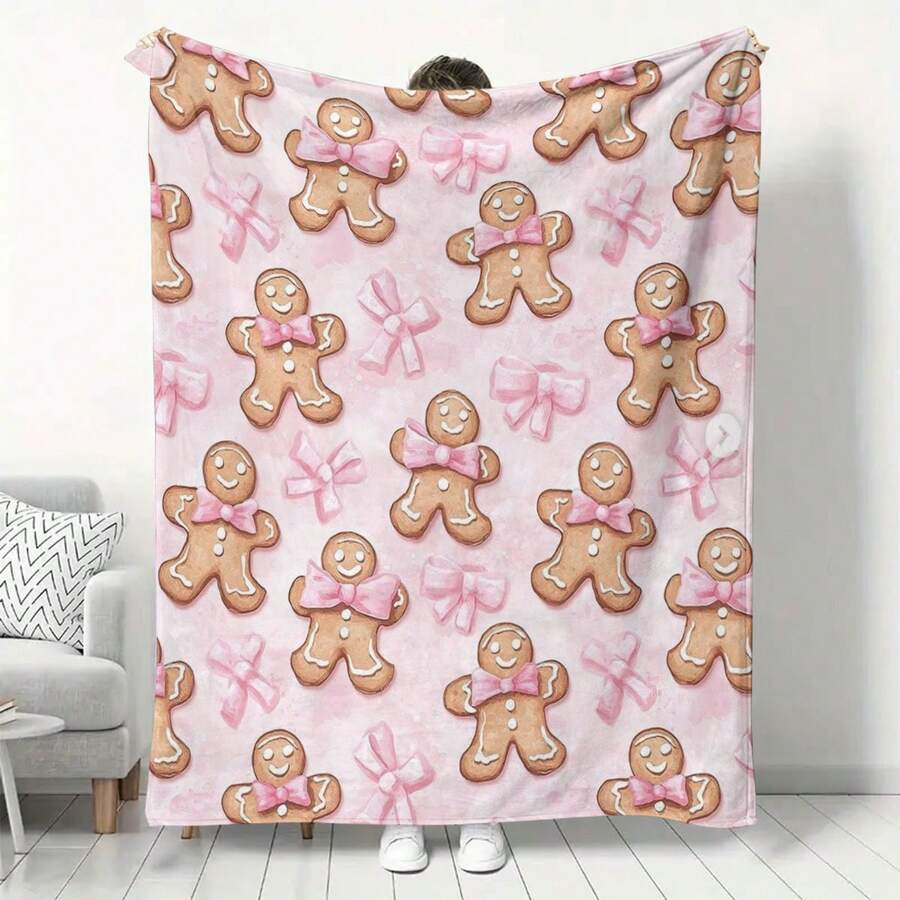 GEL HUT MUN 1pc Contemporary Diagonal Stripe Cotton Blanket With Silver Bread And Candy Cane Pattern - Soft & Comfortable Full Needle Knit Polyester Blanket, Digital Print, Perfect Choice For Christmas And Winter Home Decor