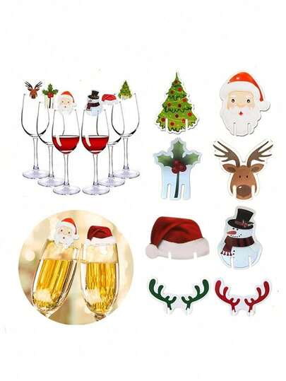 10 件随机圣诞帽、香槟杯、卡片标签、圣诞派对晚餐纸质座位卡、家居装饰、烘焙纸杯蛋糕卡片标记装饰品