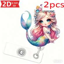 بكرة شارة أكريليك مسطحة 2D بشكل حورية البحر - حامل بطاقة هوية قابل للسحب مع سلسلة معدنية قابلة للتمديد 2D لامعة، مناسبة للمكتب والمستشفى والمدرسة والاستخدام الخارجي. مثالية كإكسسوار زخرفي أو هدية للموظفين/الممرضات/المعلمين/المتطوعين في ملابس العمل | هدية عيد