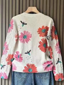 Suéter de punto acanalado con cuello en V, manga larga y estampado de margaritas para uso en casa - Rosa - Ver 2