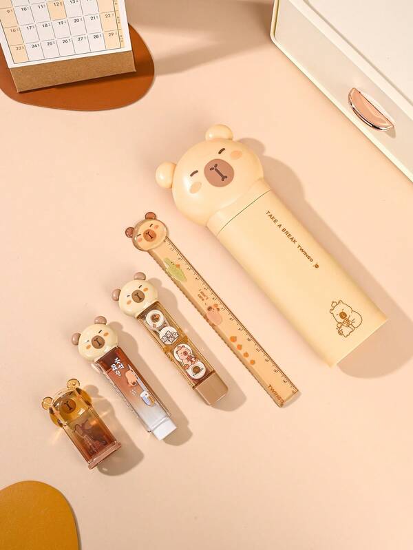 5pcs Capybara Creative Stationery Set, Including A Pencil Case With A Correction Tape, Eraser, And Ruler. It Can Be Used For Stationery Storage ,Drawing And Correcting Pencil Marks, Making It A Gift For Friends.