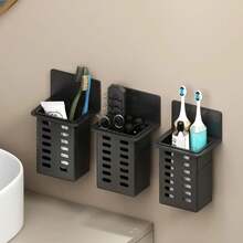 Soportes para pasta de dientes y cepillos de dientes de pared negros. Caja de almacenamiento para artículos de baño, teléfonos y controles de CA. Instalación sin rastro. - BLANCO - Ver 1