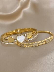 Pulsera elegante de brazalete con diamantes de imitación con forma de corazón para mujeres, pulsera cuadrada de acero inoxidable dorado para uso diario, fiestas, joyería, regalos de Halloween y Navidad