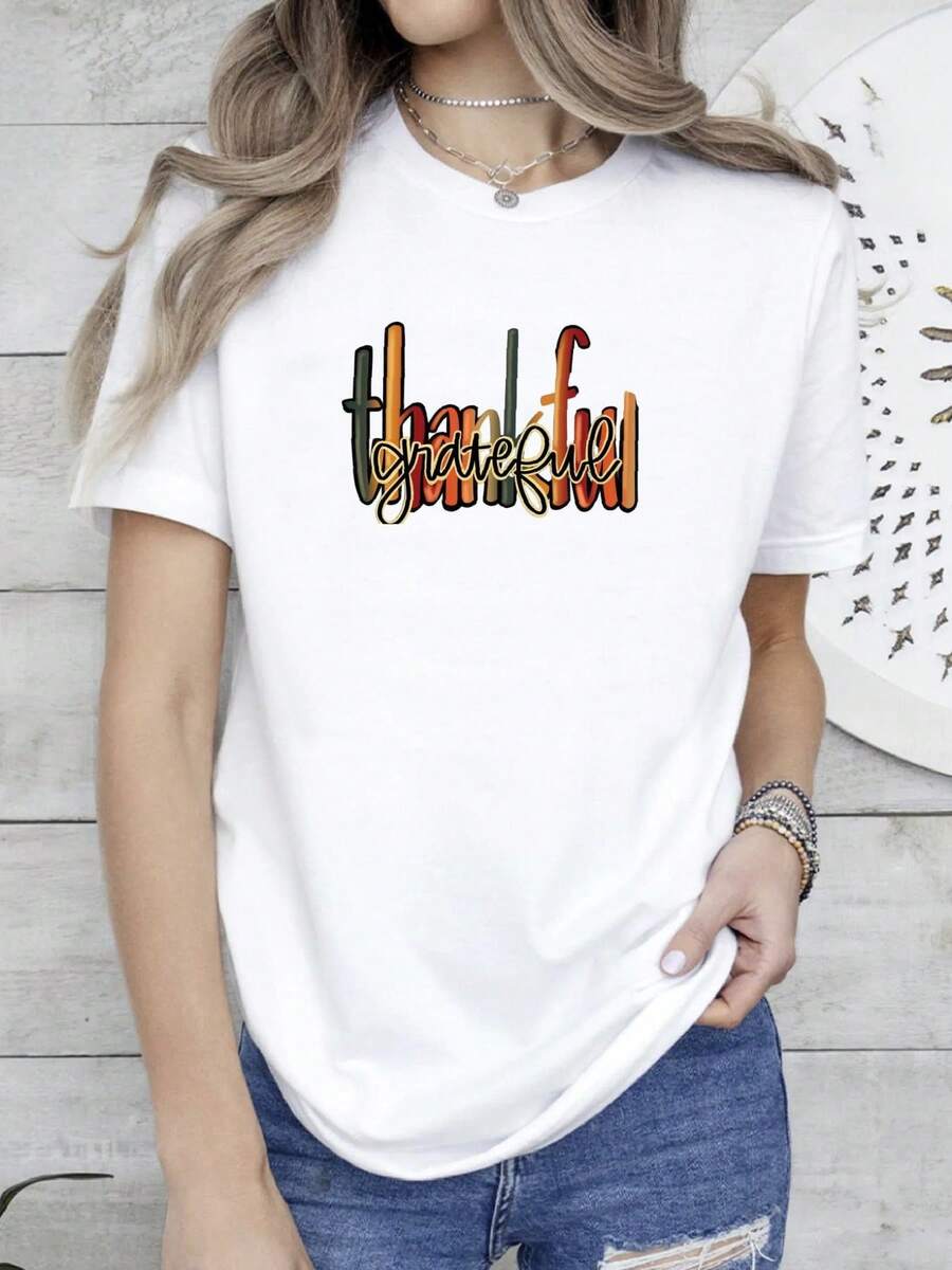 180g pure Cotton Felpa Grata Grata Benedetta, Felpa del Ringraziamento, Felpa autunnale, Regalo del Ringraziamento, Felpa Grata, Felpa Grata Comfortable streetwear graphic female Unisex Stylish women Print Round Neck Short Sleeve Soft Versatile Casual - Blanco - Ver 1