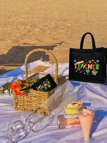 亚麻手提包和亚麻零钱包，配有手提绳，印有创意简约的“教师”图案，多功能便携教师手提包，大容量手提包，便携休闲收纳手提包，女士亚麻耐用透气手提包，方形购物袋，小物件收纳化妆包，教师节礼物，适合通勤、旅行、日常使用。 - 彩色 - 查看 6