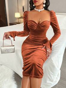 Amarilo Women's Sexy Solid Color Velvet Sweetheart Neckline Backless Side Ruched Wrap Bodycon Dress