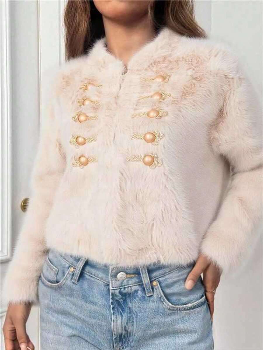 Novedades otoño/invierno Ropa de abrigo para mujer Chaqueta corta con ribete de piel Diseño cruzado Forro polar grueso para proteger del frío Cierre con cremallera y bolsillos Elegante estilo bohemio Y2K Informal, sensual, ropa para estar en casa, salidas, vacaciones, fiestas Prendas de punto cálidas a rayas Pantalones con motivos bordados Adecuado para Navidad, Halloween, Año Nuevo, Día de Muertos, citas, cumpleaños, bodas - Albaricoque - View 1