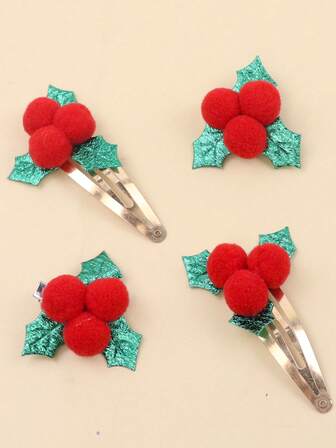 4pcs Christmas Red Berry & Green Holly Leaf Hair Clips, Unique Christmas Hair Clips, Leaf & Pom Pom Holiday Hair Accessories, Party & Festival Hair Decor