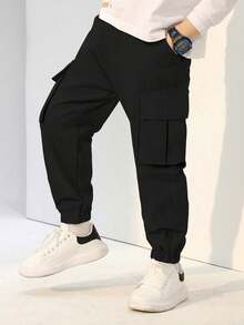 3 piezas Pantalones cargo casuales, deportivos y con estilo de múltiples bolsillos con cordón para niños preadolescentes, adecuados para primavera, verano, otoño e invierno