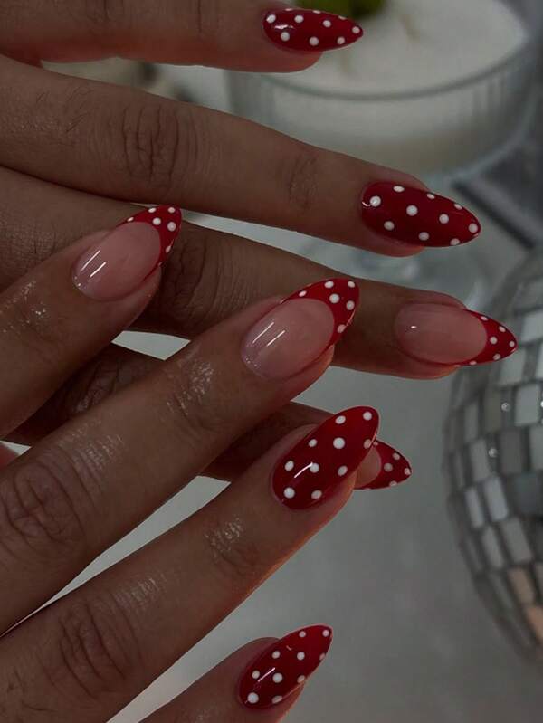24pcs/Set Red French Tip White Polka Dot Almond Shaped Press-On Nails, Y2K Baddie Style, Includes Gel Polish And Nail File, Ideal For Girls/Women Daily, Date, Party Wear Nail Supplies