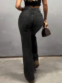 MYOURSA Jeans a vita alta a zampa d'elefante, pantaloni elasticizzati a zampa di donna, abbigliamento casual retrò di Y2K - Grigio - Visualizzare 2