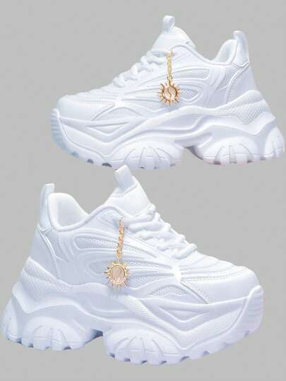 DareSee Women's Fashion Casual Athletic Shoes With Sunflower Metal Decoration Charms, Outdoor Thick Sole High Platform White High Heel Shoes, Summer Breathable Quick-Dry Knitted Mesh Sandals, Round Toe Casual Lace-Up Sneakers For Students, Teens, Daily Wear, Work, Fitness, Non-Slip, Shock-Absorbing, 7CM Height Increase, Platform Sneakers Music Fest Y2KFest Back To School Autumn Christmas Christmas Winter Christmas Gifts