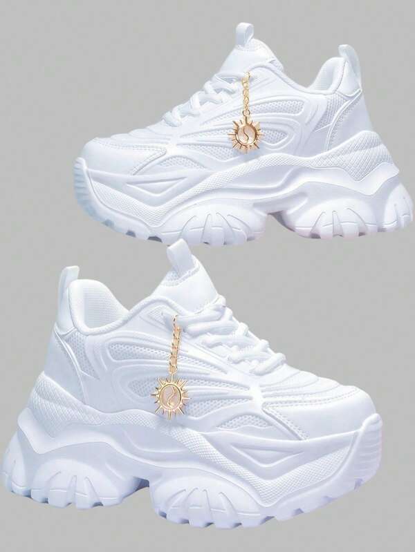 DareSee Women's Fashion Casual Athletic Shoes With Sunflower Metal Decoration Charms, Outdoor Thick Sole High Platform White High Heel Shoes, Summer Breathable Quick-Dry Knitted Mesh Sandals, Round Toe Casual Lace-Up Sneakers For Students, Teens, Daily Wear, Work, Fitness, Non-Slip, Shock-Absorbing, 7CM Height Increase, Platform Sneakers Music Fest Y2KFest Back To School Autumn Christmas Christmas Winter Christmas Gifts