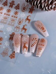 2 pièces Autocollants d'ongles avec motifs de bonhomme en pain d'épices marron, sapin de Noël, flocon de neige, cerf, canne. Motifs de dessins animés mignons et brillants. Décalcomanies adhésives pour manucure et décoration d'ongles pour femmes et filles, pour les designs d'ongles du Nouvel An - Multicolore - Voir 10