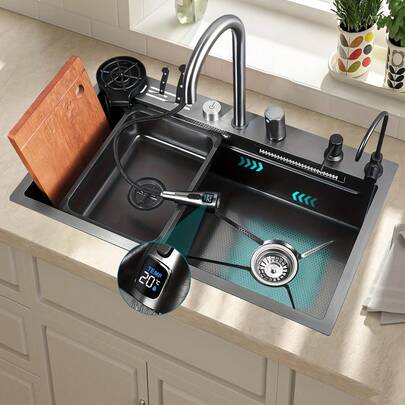 Cuixoc Black Kitchen Sink - Embedded Workstation, 304 Stainless Steel Waterfall Sink, Nano Coating, Perfect Integration Of Aesthetic Experience, Durability, And Versatility