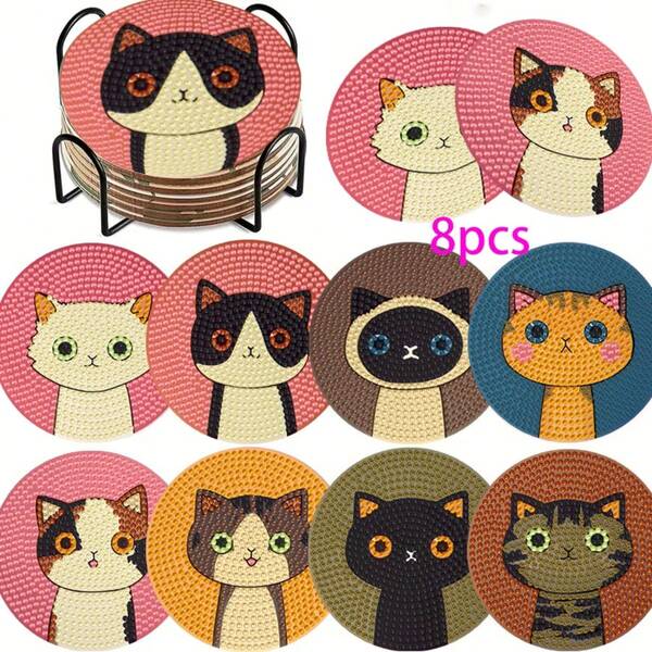 8-Piece Set - Funny Kitten Decorations - DIY Kitten, Funny Cartoon Kitten, Diamond Painting Coaster Set, Cartoon Character, DIY Custom Round Crystal Diamond Painting Mosaic Beverage Coaster, Placemat, Outdoor Coaster, Valentine's Day, Thanksgiving, Ramadan And Other Holiday Party Decorations, Outdoor Garden Decorations, Home Kitchen Decorations, Handicrafts - Home Decor