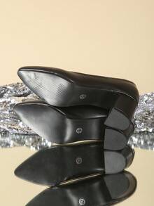 黑色百搭优雅一脚蹬高跟鞋，温柔的晚装鞋，简约百搭尖头粗跟高跟鞋，亮面皮革低帮专业女式工作鞋，秋季 - 亞光黑色 - 查看 6