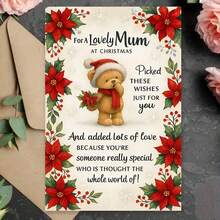 1pc Christmas Card For Mom - Cute Teddy Bear & Floral Wishes With Poinsettias & Holly, Heartfelt Message From Son Or Daughter, Special Gift For Mother - Red & Green Holiday Greeting Card With Golden Bow & Snowflakes, Sentimental Keepsake For Mum, Festive Bear Design With Red Poinsettias & Green Foliage, Perfect For Christmas Celebrations,