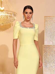 Novo Lançamento Vestido Formal Preto Sexy de Dama de Honra com Decote Quadrado, Manga Bufante, Bordado Manual, Babado na Barra, Adequado para Casamento, Festa de Aniversário, Banquete - Amarelo - Visão 8