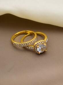 2 Peças Conjunto de Anéis de Moda Clássicos com Decoração de Strass de Liga de Zinco, Brilho Luxuoso Geral, Adequado como Anéis de Noivado ou Joias Chiques para Adicionar Charme Elegante e Refinado aos Usuários